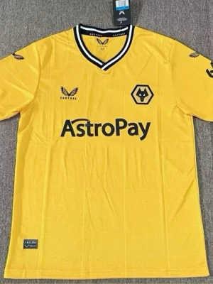 Gul Wolves matchtröja från Castore - Snygg gul matchtröja från Wolves med svart-vita detaljer i kragen. Tröjan har klubbens logga på bröstet, Castore-logga och sponsortryck 'AstroPay' framtill. Perfekt för fotbollsfans som vill visa sitt stöd på läktaren eller träningen.