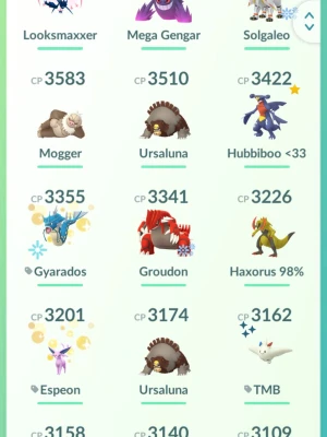 Pokemon GO-konto med starka legendarer - Skriv mer till mig om du har frågor. Säljer ett Pokemon GO-konto med många starka och legendariska Pokémon som Mega Gengar, Solgaleo, Groudon, Rayquaza, Kyogre och Mewtwo. Perfekt för dig som vill ta ditt spelande till nästa nivå och ha ett riktigt grymt lag direkt. Kontot innehåller även flera shiny och unika Pokémon.