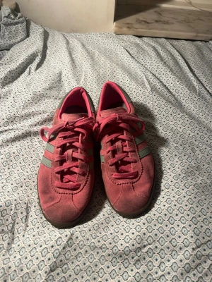 Rosa sneakers med turkosa ränder - Snygga rosa sneakers med klassiska turkosa ränder på sidorna och matchande rosa snören. Skorna har en låg profil och ovandel i mockaliknande  material. Perfekta för dig som vill sticka ut med färg på fötterna. Lite smutsiga men har max andvändts 3 gånger.
