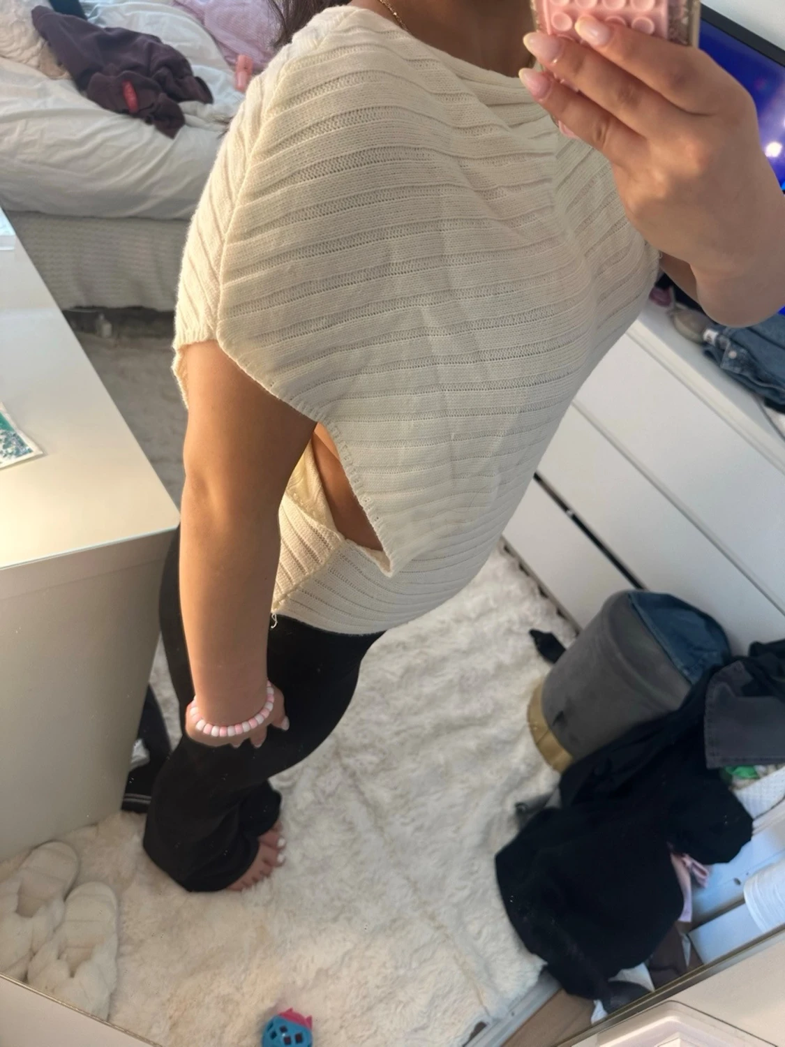 Ribbade vit topp med bred hals - 3
