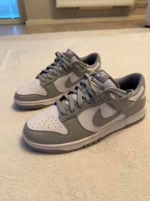 Nike Dunk Low grå/vita sneakers oanvända - Nike Dunk Low sneakers i stilren grå och vit färgkombination. Skorna har klassisk låg siluett, perforerad tåbox och ikoniska swoosh-loggan på sidan. Tillverkade i läder med matchande grå skosnören och vit mellansula. Perfekta för dig som gillar clean och tidlös stil. Enbart testade inomhus. Nypris 1500kr