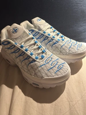 Nike Air Max Plus Grekland Edition - Unika Nike Air Max Plus sneakers i vitt med blå detaljer och grafiskt mönster inspirerat av Grekland. Skorna har vita snören, blå öglor och en vit sula med synlig Air-enhet. Materialet är mesh och syntet, perfekt för dig som vill sticka ut.