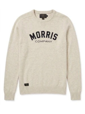 Beige stickad tröja Morris - Beige stickad tröja från Morris med svart text 'MORRIS COMPANY' på bröstet. Tröjan har rund halsringning, ribbade muddar och nederkant samt en liten logolapp nedtill. Perfekt för en avslappnad och stilren look.