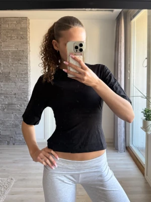Svart croppad topp med halvhög krage - En enkel och stilren svart croppad topp med halvhög krage, knyte i ryggen och korta ärmar. Sitter mer som en xs speciellt då den är reglerbar i midjan 💕
