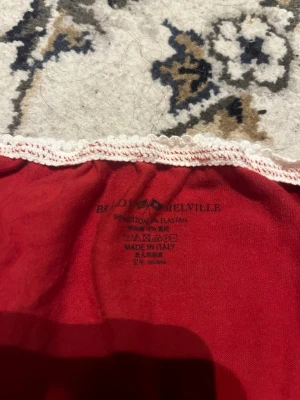 Röd topp med spets från Brandy Melville - Söt röd topp från Brandy Melville med vit spetskant runt halsringningen och liten rosett framtill. Toppen är figurnära och tillverkad i mjuk 100% bomull med lite elastan för stretch.