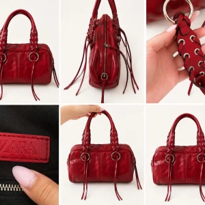 Röd handväska i skinn från Zara (säljs ej längre) -  Ord pris:679 -Vacker handväska i äkta skinn från Zaras gamla kollektion med silverfärgade metalldetaljer och långa dekorativa remmar på handtagen. Väskan har rundad form, dragkedja upptill och dubbla handtag med snörningsdetaljer. Perfekt för dig som vill sticka ut.