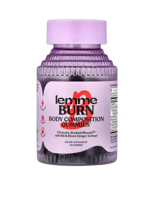 Lemme Burn Body Composition Gummies - Oöppnad Burk med lila lock och etikett, innehåller Lemme Burn Body Composition Gummies med B6 och svart ingefäraextrakt. Kosttillskottet innehåller 60 gummies och är designad för kroppssammansättning. Snygg och modern förpackning.