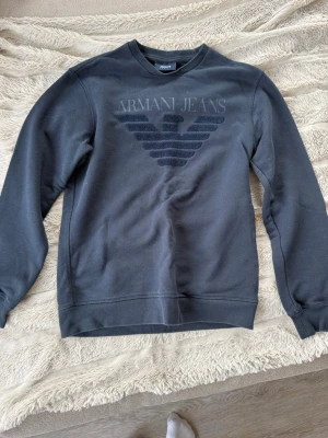 Mörkgrå sweatshirt från Armani Jeans - Snygg mörkgrå sweatshirt från Armani Jeans med broderad logga och text framtill. Tröjan har rund halsringning, långa ärmar och ribbade muddar vid ärmslut och nederkant. Perfekt för en avslappnad och trendig look.
