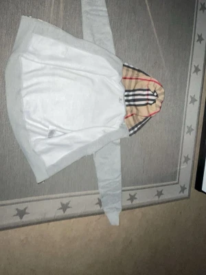 Grå hoodie från Burberry med mönstrad huva - Säljer en stilren grå hoodie från Burberry med den klassiska rutiga Burberry-mönstrade huvan. Hoodien har en relaxed fit och är tillverkad i mjukt material som känns skönt mot huden. Perfekt för dig som vill ha en ikonisk och trendig look.