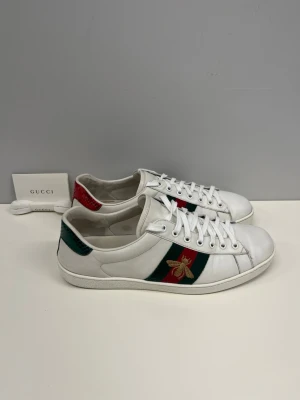 Gucci ace - Skick 7/10 lite små skavanker som man kan se på bilden inget annat. Storlek 44. Snören och lapp är det som ingår, ingen box📦. Fraktar oftas samma dag🚚.