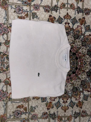 Vit tröja från Lacoste - Klassisk vit tröja från Lacoste med rund halsringning och den ikoniska gröna krokodilloggan broderad på bröstet. Tröjan är i ett mjukt, stickat material som känns skönt mot huden. Perfekt för en clean och stilren look.