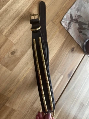 Svart bälte med gulddetaljer för stor hund 🐕  - Snyggt svart bälte i skinn med två rader fyrkantiga guldfärgade detaljer längs bandet. Bältet har ett klassiskt spänne i guld och passar perfekt för att lyfta vilken outfit som helst.