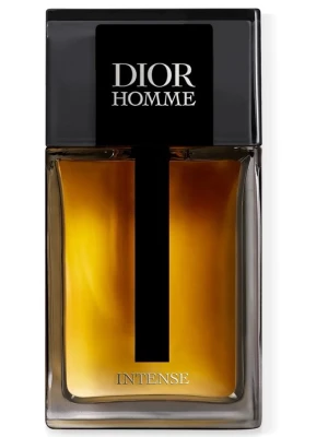 Dior Homme Intense parfym - Dior Homme Intense är en exklusiv herrparfym i en elegant, rektangulär glasflaska med svart lock och detaljer. Doften har en djup bärnstensfärgad vätska och flaskan har en modern, stilren design med tydlig Dior-logga på framsidan.