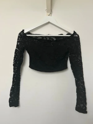 Svart croppad spetstopp - BikBok - Säljer en svart croppad topp med långa ärmar i genombruten spets. Toppen har offshoulder-modell. Inköpt på BikBok. Använd men i fint skick. Storlek XS. 