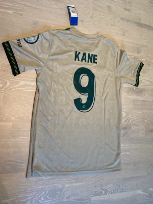 Bayern München Kane matchtröja - Snygg beige Bayern München matchtröja från Adidas med gröna detaljer och tryck. Nummer 9 och namnet Kane på ryggen. Tröjan har klubbmärke, Adidas-logga och T-Mobile sponsortryck på bröstet samt gröna ränder på axlarna. Perfekt för fotbollsfans!