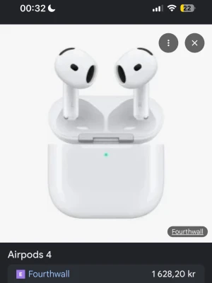 Apple AirPods 4 - Helt nya använda 1 gång. Låda finns med samt kvitto. Köpte fel par så dem kommer ej till användning . pris kan diskuteras 