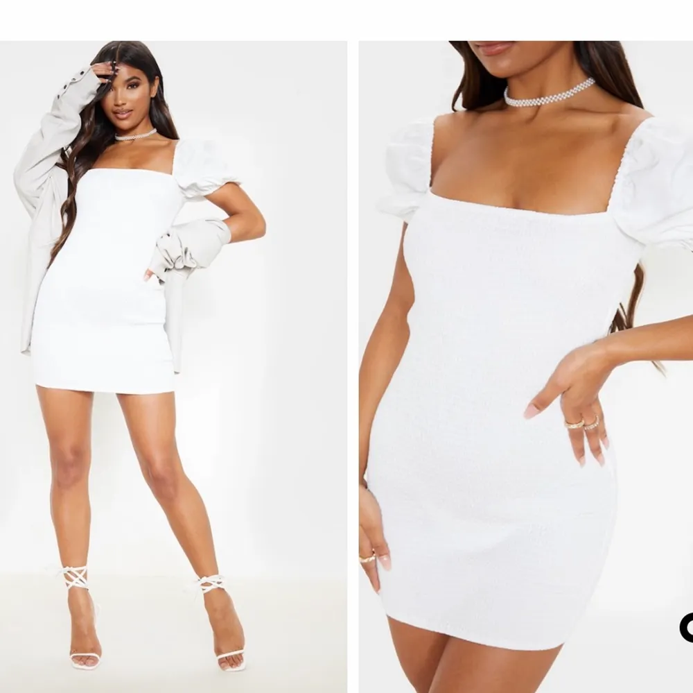 Super gullig vit Pretty little thing klänning i en tightare modell som är helt oanvänd🤍 100kr+frakt. Klänningar.