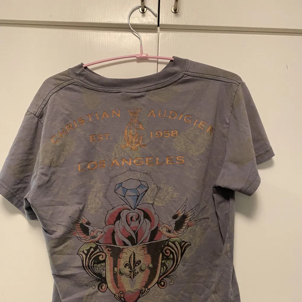 Grå t-shirt från Christian Audigier i bra skick! Köpt second hand och knappt använd. Coolt tryck med stenar m.m! <3💖💖. T-shirts.
