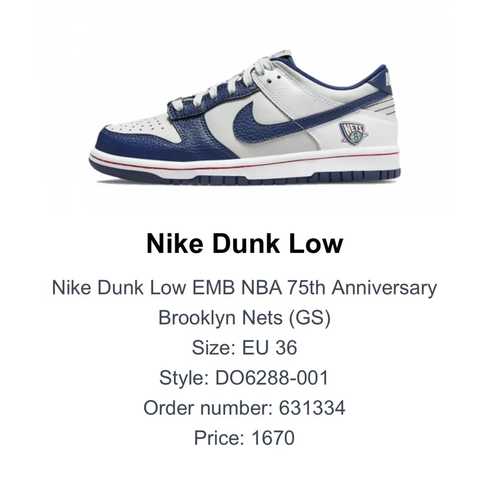 💙Dunk low nike EMB NBA 75th anniversary brooklyn GS 🌍🚀 nets  har köpt ett par nya så vill sälja bort denna skor i fint skick 💤 Äkta skor köpte från Restock i storlek 36 . Skor.