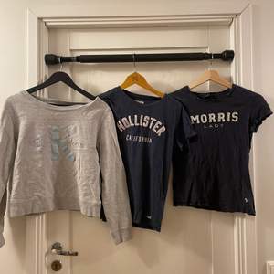 Här har ni tre olika tröjor. Den längst till vänster är från Calvin Klein och är i stl M och kostar 100kr. Den i mitten är från Hollister i stl S kostar 50kr. Den längst till höger är från Morris i stl xs kostar 50kr