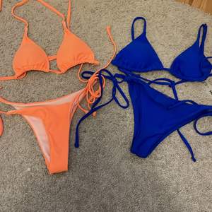 Den orangea bikinin är i strl xs och den blåa är i s, dem är endast testade med trosor under och säljer för att jag inte passar i färgerna. Köp båda för 130 eller en för 50 kr, köpare står för frakten