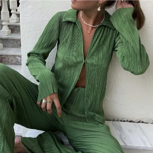 Grönt set, topp och byxor - Säljer nu mitt gröna set från Zara. I väldigt fint plisserat material. Man kan vika in/ned midjan om man vill ha de lågmidjat, eller som på bild två för lite högre. Perfekt till sommaren 💚 passar XS-M beroende på passform (jag är en S)!