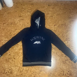 Mörkblå hoodie från Equiline - Säljer en mörkblå hoodie från Equiline med logga på bröstet och en patch på ärmen. Tröjan har långa ärmar och en klassisk huva. Perfekt för en avslappnad stil. 1 litet hål man kan sy igen min favorit tröja som nu mer har växt ur mig så hoppas den får ett bra hem med en ryttare som kan rida i den man kan även ha den i skolan om man vill, original pris ungefär 500