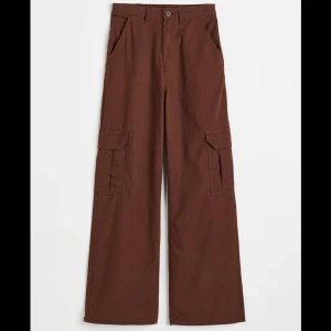 Bruna cargopants - Säljer ett par snygga bruna cargopants med breda ben och praktiska fickor på sidorna. Byxorna har en knapp och dragkedja framtill, vilket ger en klassisk look. Perfekta för en avslappnad stil!