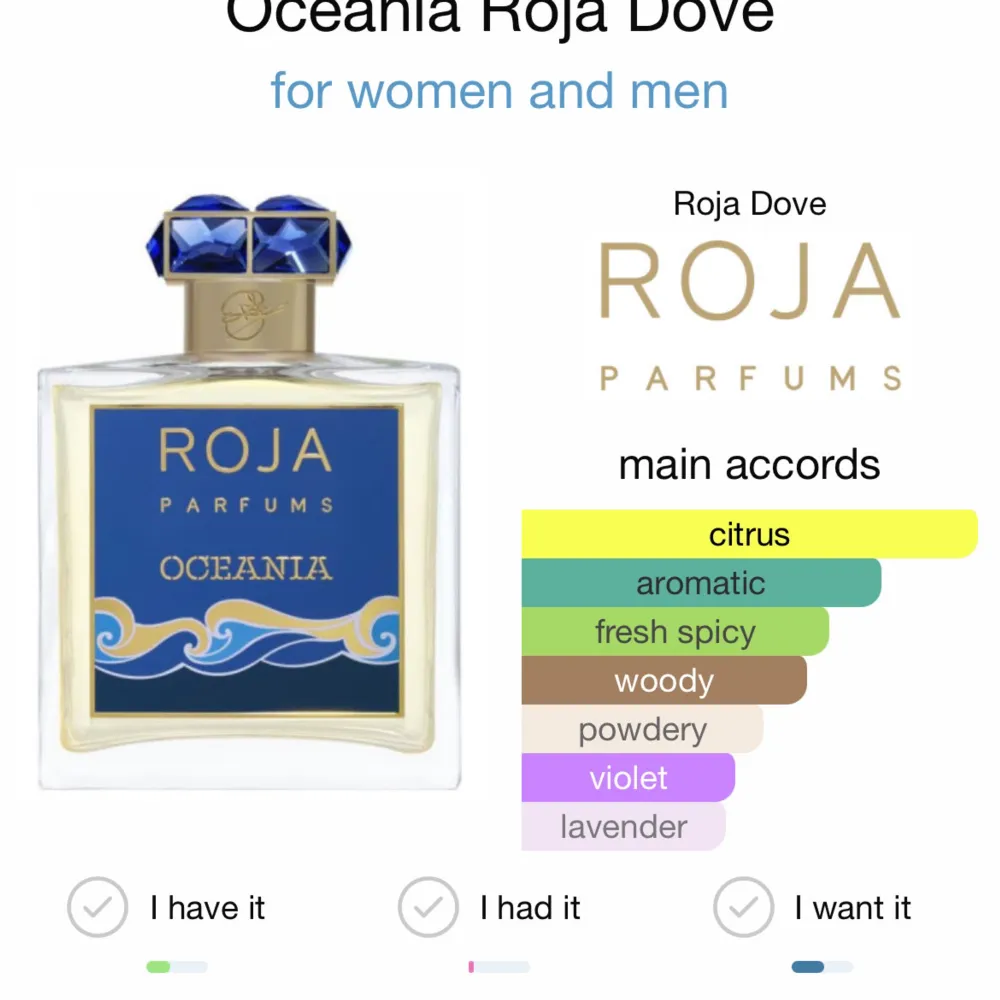 Oceania av Roja Dove är en Woody Aromatic doft för kvinnor och män. Oceania lanserades i.   Toppnoter är Grapefrukt, Lavendel, Citron, Bergamott, Mandarin Orange, Lime, Rosmarin, Timjan och Litsea Cubeba;  mellannoter är viol, geranium, ylang-ylang, . Skönhet.