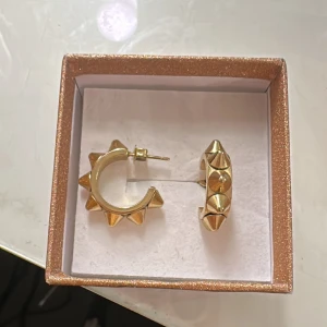 Edblad Peak Creoles S Guld - Säljer även ringen!! Från Edblad i modellen ”Peak Creoles S Gold”  Snygga guldörhängen med coola nitdetaljer. I jättefint skick använts 2-3 gånger❤️