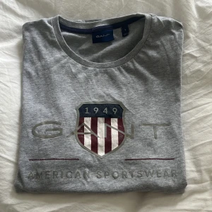 Grå t-shirt från GANT - Säljer en snygg grå t-shirt från GANT med ett coolt tryck på framsidan. Den har en rund halsringning och är perfekt för en avslappnad stil. Passar bra till både jeans och shorts!