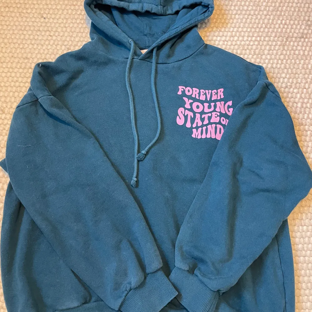 Säljer en supermysig blå hoodie från Pull&Bear med texten 'Forever Young State of Mind' i rosa på både fram- och baksidan. Storlek L men passar oversized på s! Skriv för fler frågor!💙🩷. Tröjor & Koftor.