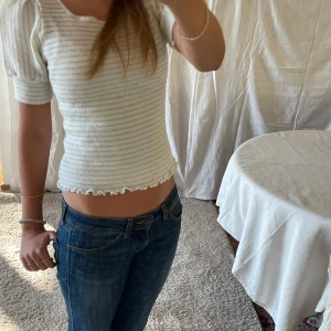 Glitter randig vit topp  - Puffärmad vit topp, glitter randig, vintage och rund urringning. 