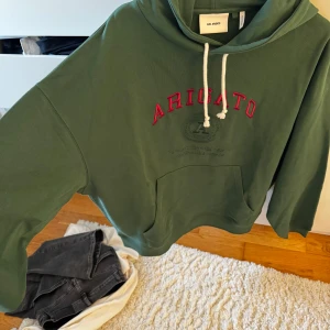 Grön hoodie från Axel Arigato - Säljer en snygg grön hoodie från Axel Arigato med röd text på bröstet. Den har en klassisk känguruficka och justerbar huva med vita snören. Perfekt för en avslappnad stil och passar bra till både jeans och joggers. Hör av dig vid intresse!Aldrig använd! Prislapp kvar