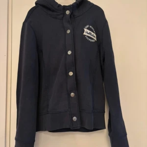 Mörkblå hoodie från Hollister - Säljer en snygg mörkblå hoodie från Hollister med knappar framtill och en cool logga på bröstet. Perfekt för en avslappnad stil och passar bra till både jeans och joggers. Den är i bra skick och mjuk inuti. Perfekt för höst och vår! Har ett hål på högra axeln som inte syns så mycket ( se sista bilden), vi har satt en lapp över men går säkert och laga om man vill! 