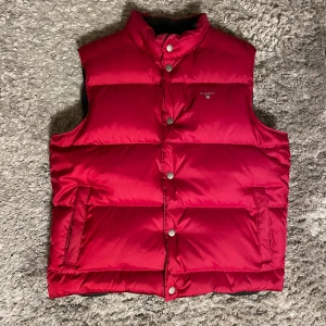 Röd dunväst från GANT - Säljer en snygg röd dunväst från GANT i mycket bra skick. Västen har en klassisk design med knappar framtill och är perfekt för höst och vår. Den är varm och bekväm, idealisk för lager-på-lager-stil. Passar både till vardags och lite mer uppklädda tillfällen.