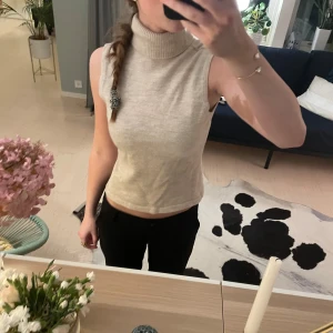 Beige ärmlös polotopp - Säljer en  beige ärmlös polotopp i mjukt material. Perfekt för vintern och passar både till vardags och festliga tillfällen. storleken syns inte men skulle säga xs/s. På framsidan finns en fläck som inte går bort, men man kan ha den med baksidan fram och den sitter likadant, då syns inte fläcken! Pågrund av fläcken har jag sänkt priset!