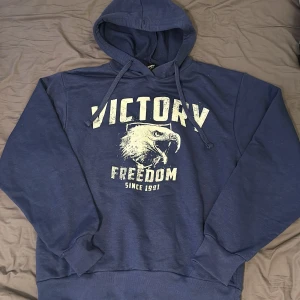 Blå hoodie med tryck - Säljer en blå hoodie med ett coolt tryck av en örn och texten 'Victory Freedom Since 1991'. Den är superbekväm och perfekt för både chill och vardag. Har justerbar huva med snören. Perfekt för höst och vinter!