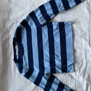 Randig tröja från Zara - Snygg randig tröja från Zara i blå och mörkblå nyanser. Tröjan har långa ärmar och en croppad passform, perfekt för en avslappnad stil. Tillverkad i ett mjukt material som känns skönt mot huden.