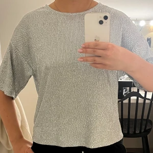 Glittrig silver topp från Kappahl - Säljer en glittrig silver topp från Kappahl med trekvarts ärmar. Perfekt för en festlig kväll eller en utekväll med vänner. Toppen har en normal passform och glittrar/skimrar fint. Passar xs/s, ljus turkos