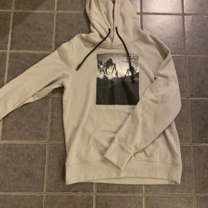 Grå hoodie med tryck - Säljer en stilren grå hoodie med ett svartvitt tryck på framsidan. Tröjan har en klassisk huva med svarta dragsnören och långa ärmar. Perfekt för en avslappnad look.