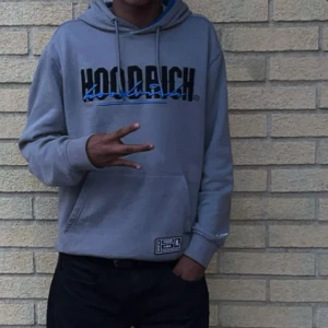 Grå hoodie från Hoodrich - Säljer en snygg grå hoodie från Hoodrich med svart och blå logga på både fram- och baksidan. Den har en stor ficka framtill och en justerbar huva med dragsko. Perfekt för en casual look eller att chilla i. Skön och stilren design!