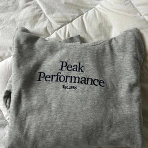 Grå hoodie från Peak Performance - Säljer en stilren grå hoodie från Peak Performance med broderad logga på bröstet. Tröjan har en klassisk design med huva och en stor ficka framtill.