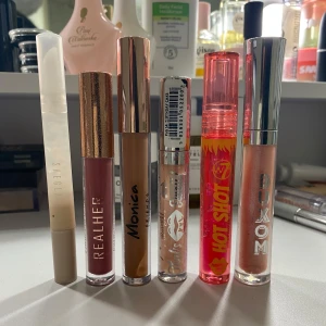 Samling av olika läppglans och läppstift - En samling av sex olika läpprodukter. Märken inkluderar Realher, friendsxrevolution och Buxom. Färgerna varierar från neutrala nyanser till djärva rosa och bruna toner. Förpackningarna är eleganta med både matta och glansiga finishar.