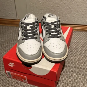 Nike Dunk i grått och vitt - Snygga Nike Dunk sneakers i en stilren kombination av grått och vitt. Skorna har en klassisk design med svart swoosh och snörning. Perfekta för en casual look.