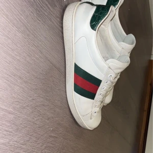 Gucci ace skor  - Säljer mina snygga Gucci ace skor då jag tröttnat på de. De är i bra skick men lite smutsiga som går att tvätta bort enkelt. Storleken är 42 men passar även 43. Skriv gärna vid fundering!