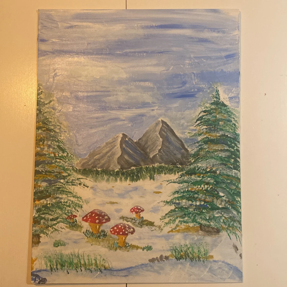 Landskapsmålning med svampar och berg