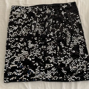 Svart paljettkjol - Snygg svart kortkjol täckt med glittrande silverpaljetter. Perfekt för att sticka ut på festen. Kjolen har en tight passform och är gjord i ett syntetmaterial som ger en glansig look.