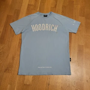 Ljusblå t-shirt från Hoodrich - Säljer en ljusblå t-shirt från Hoodrich med tryck både fram och bak. T-shirten är kortärmad och tillverkad i bomull, vilket gör den bekväm och lätt att bära. Perfekt för en avslappnad stil. Har små tacken av urtvättning.