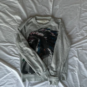 Ralph lauren sweatshirt - Säljer en grå sweatshirt från Ralph lauren med ett stort tryck av en person i huvudbonad på framsidan. Tröjan har långa ärmar och rund halsringning. Perfekt för en avslappnad stil.